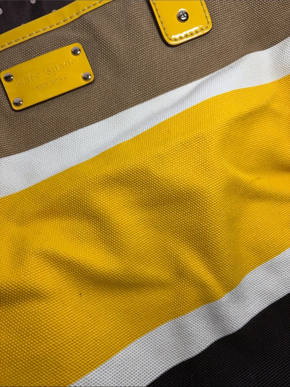 Striped Yellow, white and brown Canvas Bag with Patent Trim